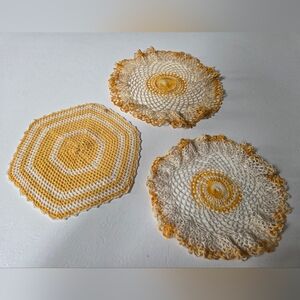 Vintage Handmade Cream, Gold And Orange Variations Crochet Doilies